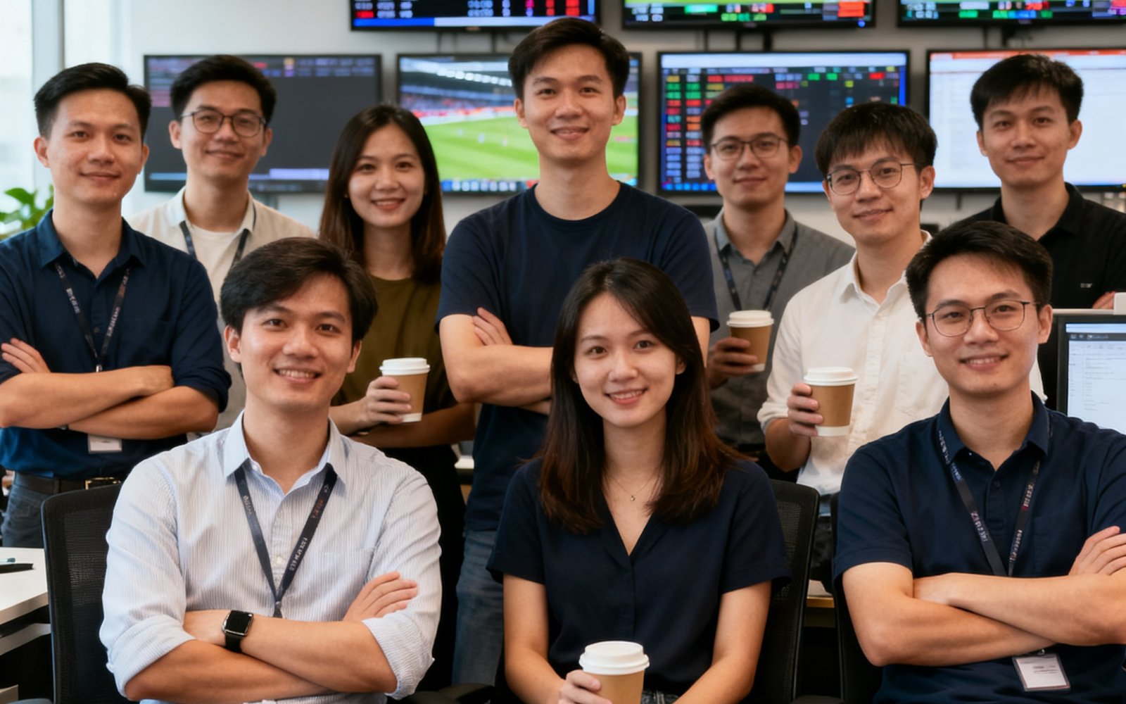 JRS直播深圳总部团队成员在开放式办公室中的合影，背景墙上挂着多块赛事数据监控屏幕，团队氛围年轻活力